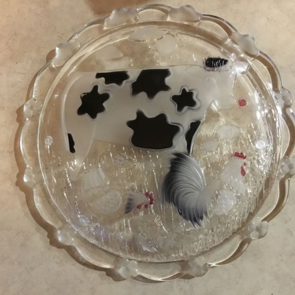 Vintage Mikasa Walther German Glass Cow Chicken Rooster Plate - Picture 1 of 2